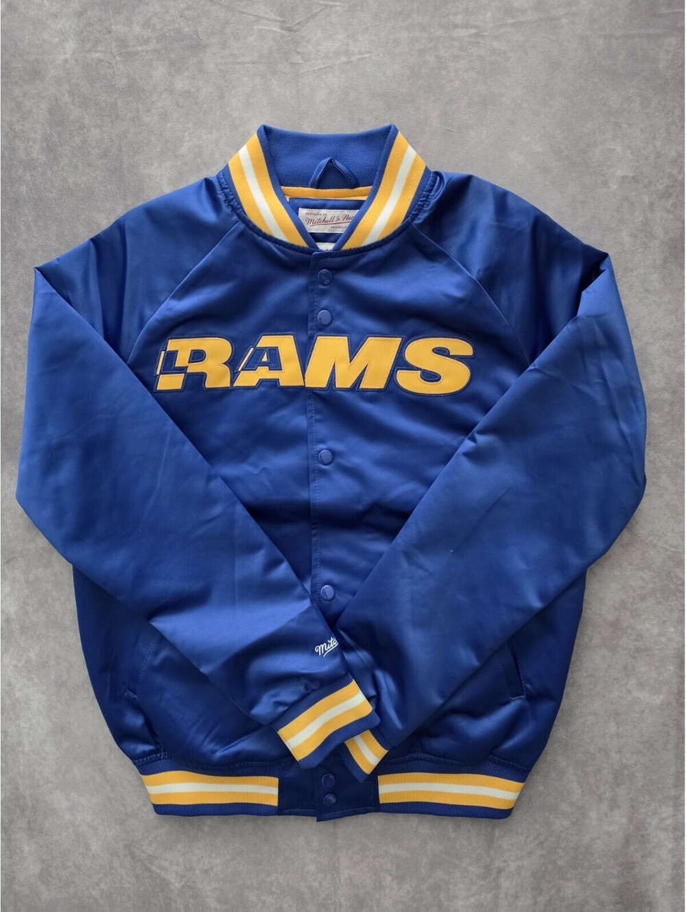 SKU0312 Mitchell & Ness LA Rams Men’s Medium Satin Varsity Jacket Blue Gold NFL